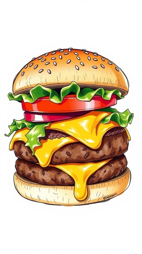 A colorful drawing of a classic burger with lettuce, tomato, and cheese on a wooden table.